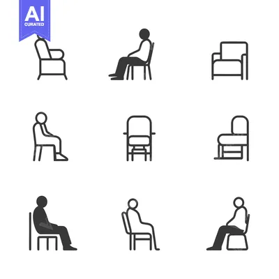 Aset desain premium: Set of Nine Line Icons Depicting People Sitting on Chairs