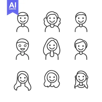 Aset desain premium: Set of nine line icons depicting smiling people with various hairstyle