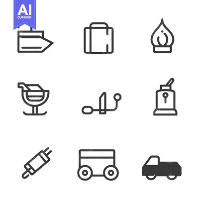 Aset desain premium: Set of Nine Line Icons Depicting Various Objects