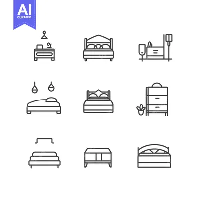 Set of nine line icons depicting various types of beds and furniture