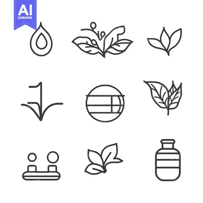 Set of Nine Line Icons Featuring Leaves, Water, and Essential Oils