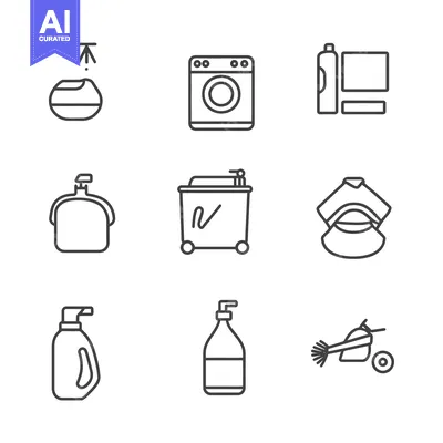 Set of Nine Line Icons for Cleaning Products and Equipment