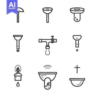 Set of Nine Line Icons for Plumbing and Water Systems