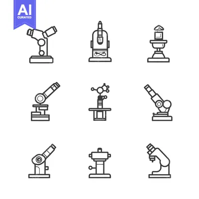 Aset desain premium: Set of Nine Microscope Icons in Outline Style