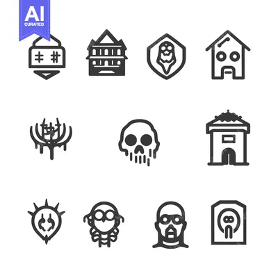 Set of Nine Monochromatic Icons Depicting Houses and Skulls