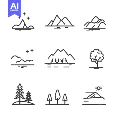 Aset premium populer: Set of Nine Nature Landscape Line Icons with Mountains, Trees, and Wat