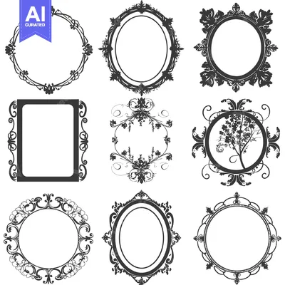 Premium design asset: Set of nine ornate black and white frames with decorative elements