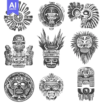 Aset desain premium: Set of nine ornate black and white illustrations of Mayan deities and