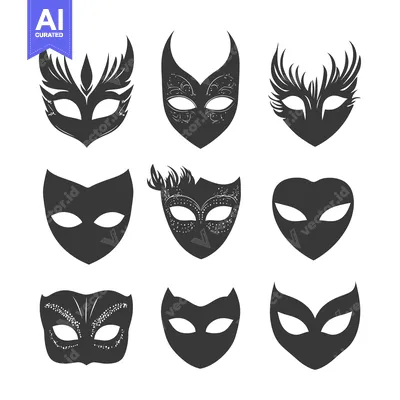 Set of nine ornate black masquerade masks with various shapes and deta