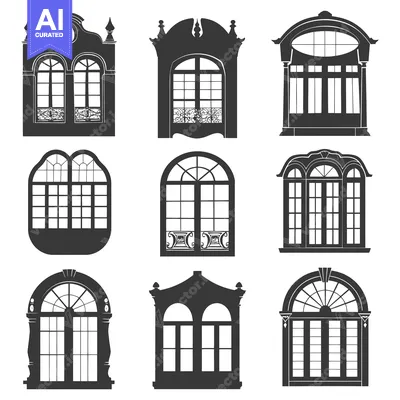 Set of Nine Ornate Window Silhouettes with Different Architectural Sty