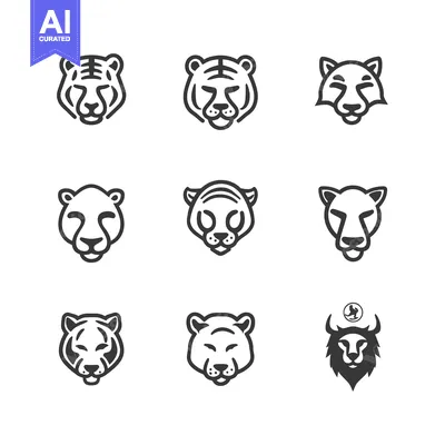 Aset desain premium: Set of Nine Outline Animal Heads, Including Tiger, Lion, and Panther