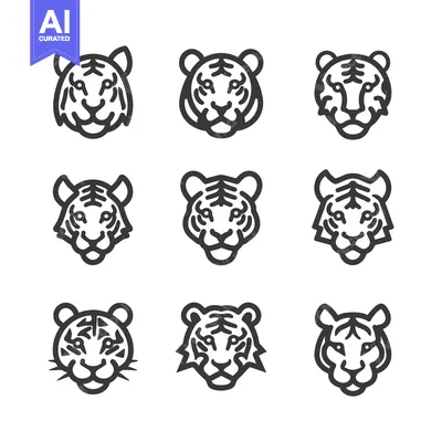 Aset premium populer: Set of nine outlined tiger head icons