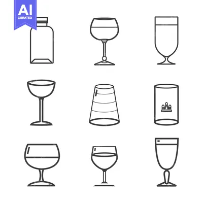 Aset premium populer: Set of Nine Outline Icons Depicting Various Drinking Glasses and Bottl