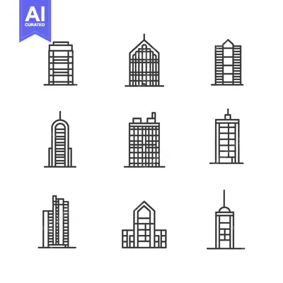 Set of Nine Outline Icons Depicting Various Skyscraper Designs