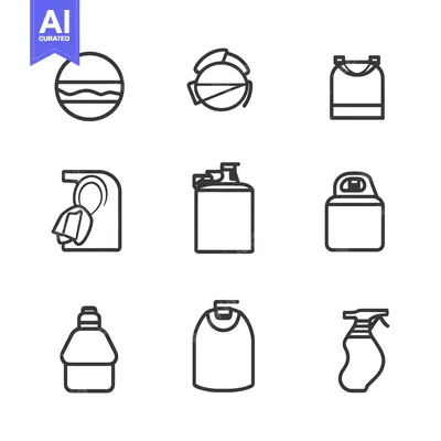 Aset desain premium: Set of Nine Outline Icons for Containers, Bottles, and Other Objects