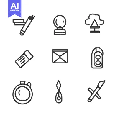 Set of Nine Outline Icons Representing Different Objects and Concepts