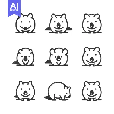 Aset desain premium: Set of Nine Outline Illustrations of a Quokka