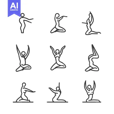 Aset desain premium: Set of Nine Outline Illustrations of Female Yoga Poses