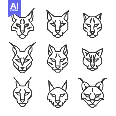 Aset premium populer: Set of Nine Outline Lynx Heads with Different Facial Expressions and E