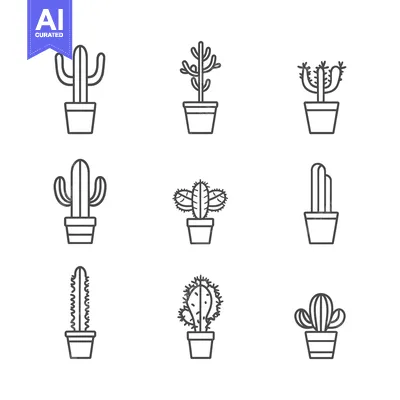 Popular premium asset: Set of nine potted cactus plants in line art style