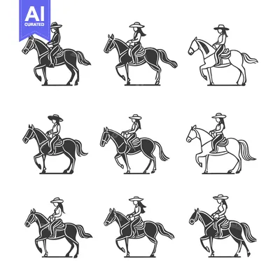 Aset desain premium: Set of Nine Silhouettes of Cowgirls Riding Horses