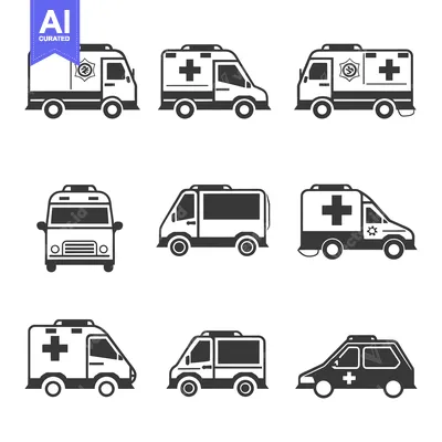 Set of Nine Simple Ambulance Car Icons in Black and White