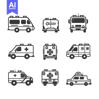 Aset desain premium: Set of Nine Simple Ambulance Icons in Black and White