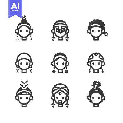 Aset desain premium: Set of Nine Simple Black and White Icons Depicting People with Unique