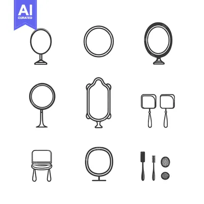 Set of Nine Simple Black and White Mirror and Beauty Icons