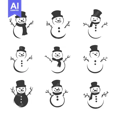 Set of Nine Simple Black and White Snowman Illustrations