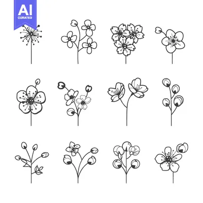 Aset desain premium: Set of nine simple hand-drawn flower illustrations