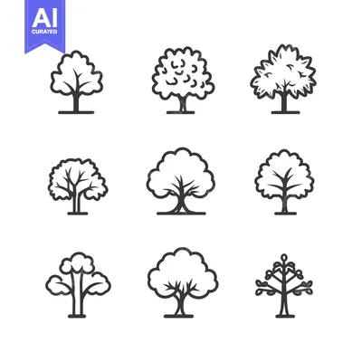 Aset desain premium: Set of Nine Simple Line Art Tree Icons