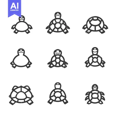Set of nine simple line art turtle illustrations