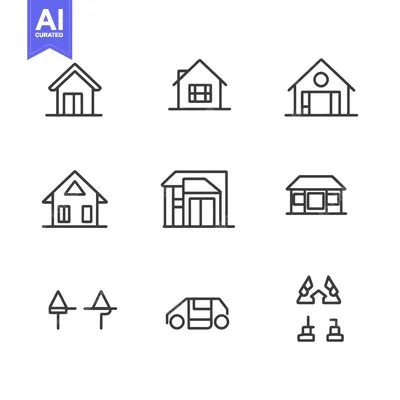 Aset desain premium: Set of Nine Simple Line Drawings of Buildings, Vehicles, and Objects