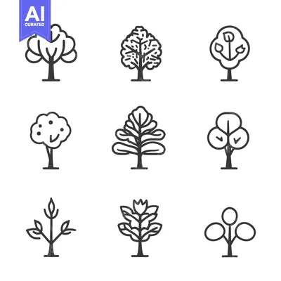 Set of Nine Simple Line Drawings of Trees