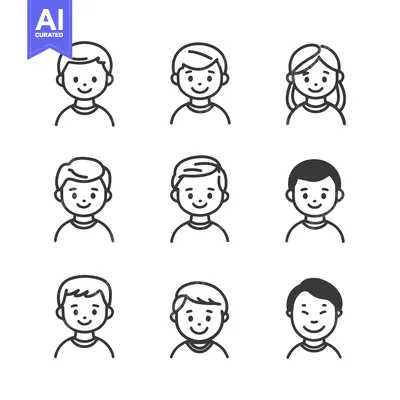 Premium design asset: Set of Nine Simple Outline Illustrations of Smiling People