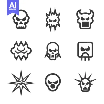 Set of Nine Skull and Fire Icons in Black and White