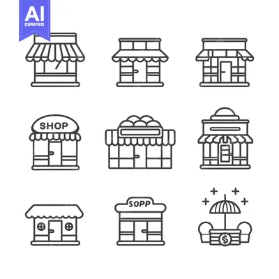 Aset premium populer: Set of nine storefront outline icons for retail business