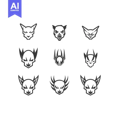 Set of nine stylized animal and skull heads with pointed features