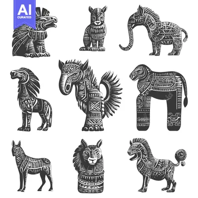 Set of nine stylized black and white animal figures with tribal patter