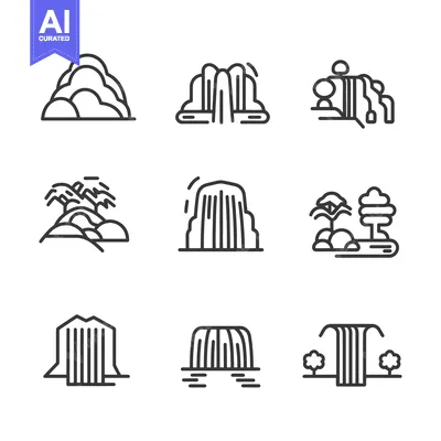 Set of Nine Waterfall Icons in Line Style
