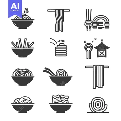 Aset premium populer: Set of Noodle Icons in Bowls, Hanging, and Stacks