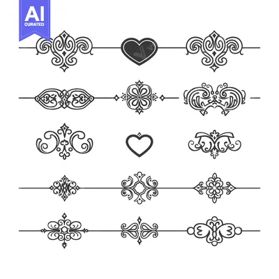 Aset desain premium: Set of Ornamental Design Elements with Hearts and Floral Motifs