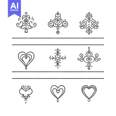 Set of Ornamental Hearts and Floral Motifs in Black and White