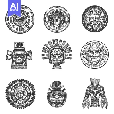 Aset desain premium: Set of Ornate Aztec Skull and God Masks in Monochrome