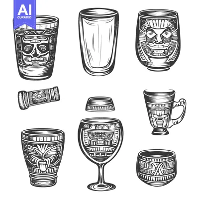 Premium design asset: Set of Ornate Drinking Vessels with Carved Faces