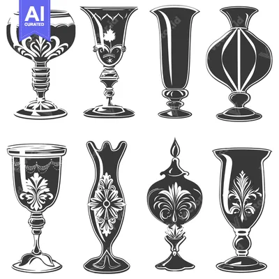 Aset desain premium: Set of Ornate Vases and Goblets with Floral Designs