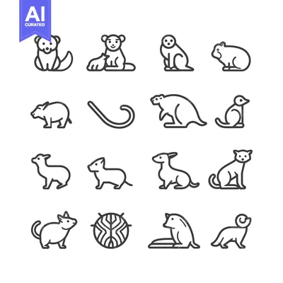 Set of Outline Animal Icons in Different Poses