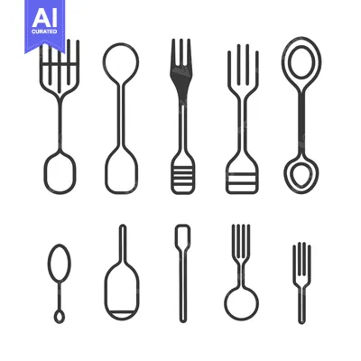 Set of Outline Black and White Forks and Spoons
