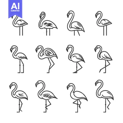 Set of Outline Flamingo Illustrations in Different Poses